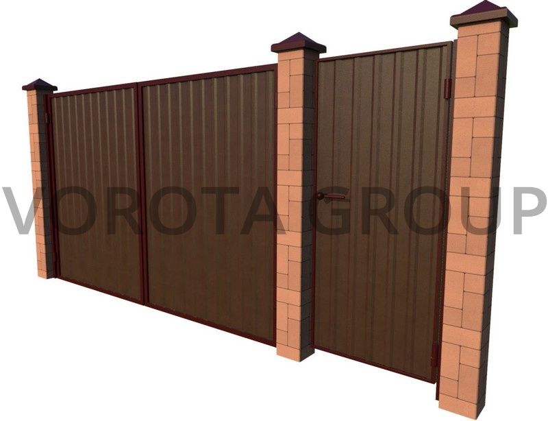 Распашные ворота с калиткой 3000x2500 коричневые